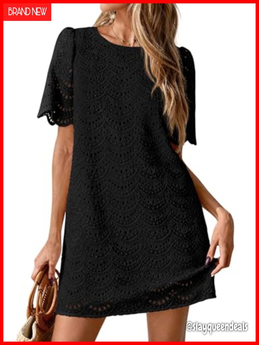 Women's Eyelet Lace Short Sleeve Shift Mini Dress Boho Summer
